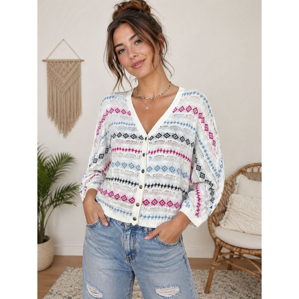 Anthropologie Tulle Cardigan Medium Boho Open Knit Button Lightweight Sweater